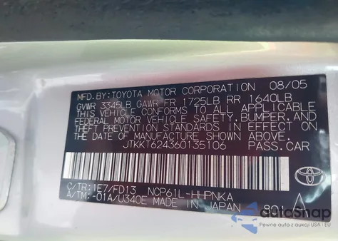 2006 Scion Xa z USA, uszkodzony, nr VIN JTKKT624360135106